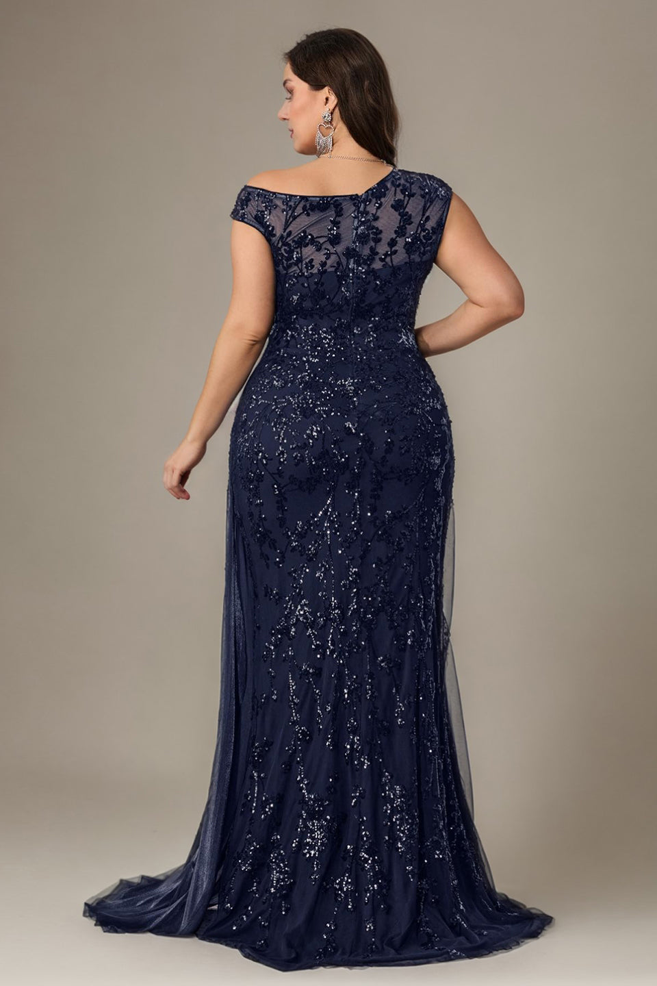 Curveins Plus Size One Shoulder Sleeveless Embroidered Sequin Patchwork Bodycon Maxi Dress