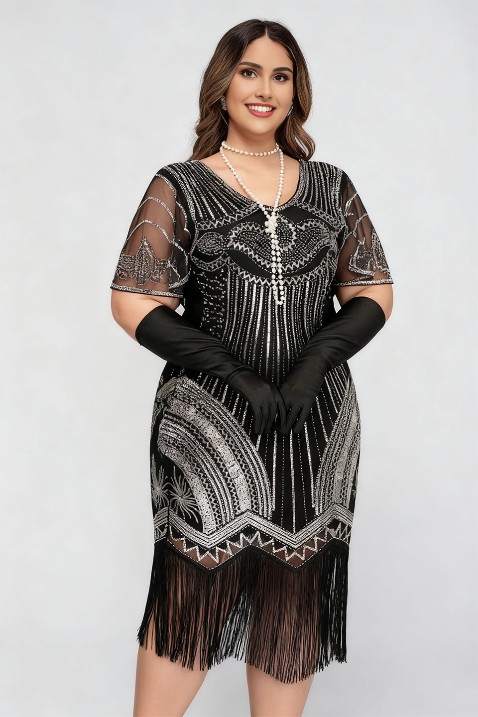 Curveins 1920s Gold Ruby Plus Size Striped Sequin Fringe Flapper Midi Dress