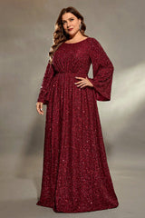 Curveins Plus Size Round Neck Long Sleeve Sequin Maxi Dress with Cinched Waist