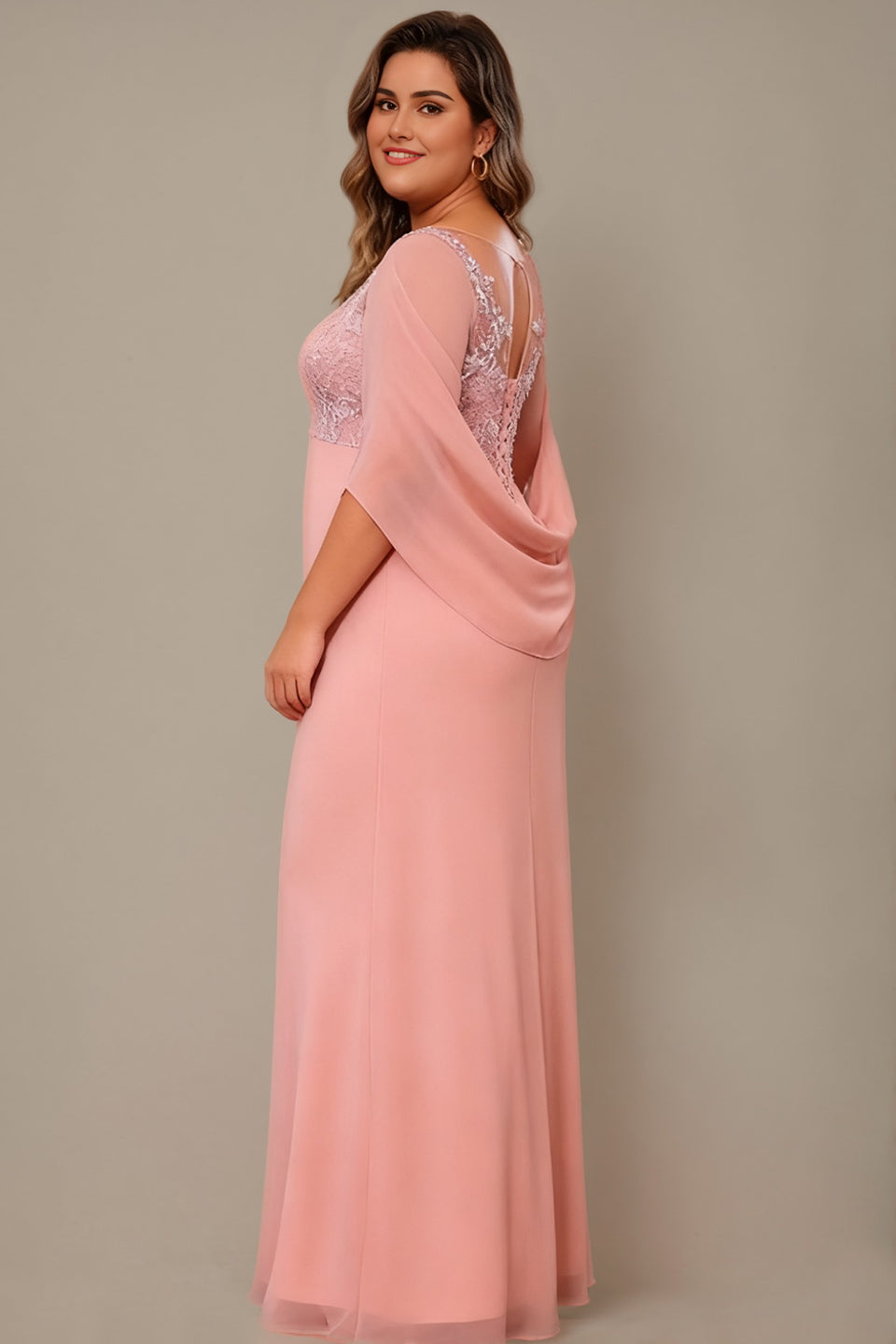 Curveins Elegant Plus Size Sheer Neck Floral Appliqué Cape Maxi Dress