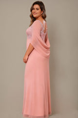 Curveins Elegant Plus Size Sheer Neck Floral Appliqué Cape Maxi Dress