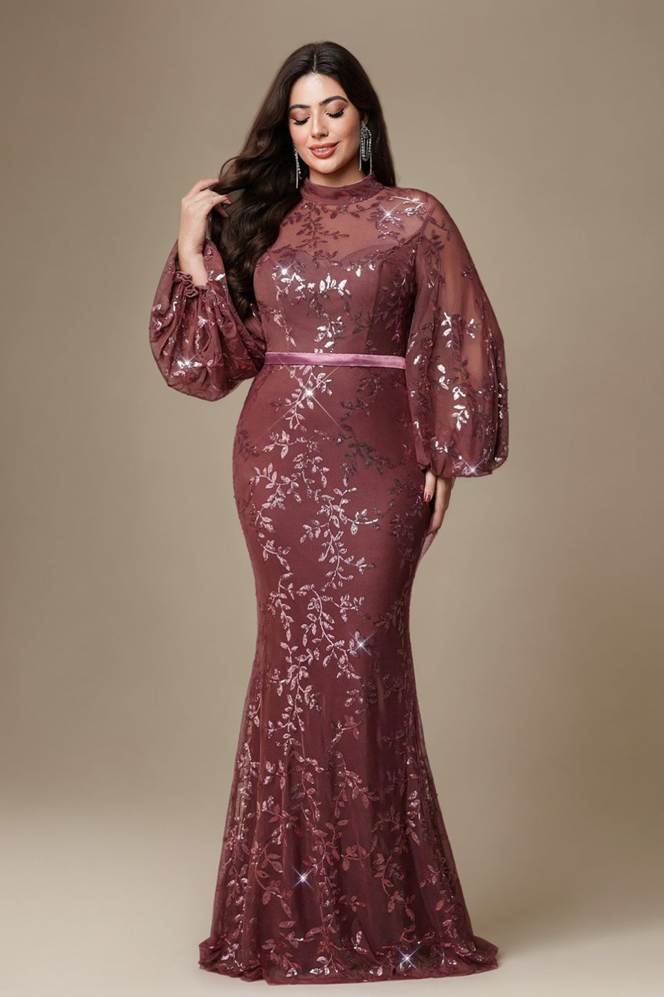 Curveins Plus Size High Neck Lantern Sleeve Embroidered Bodycon Maxi Dress