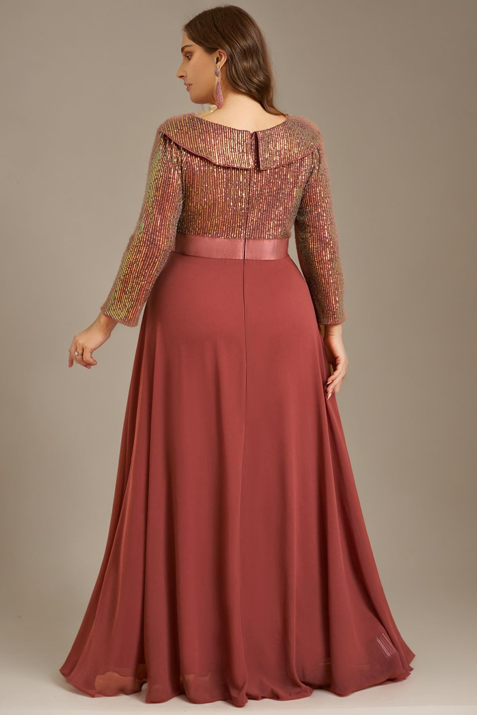 Curveins Plus Size V-Neck Long Sleeve Glitter Patchwork Waist-Fitted Maxi Dress