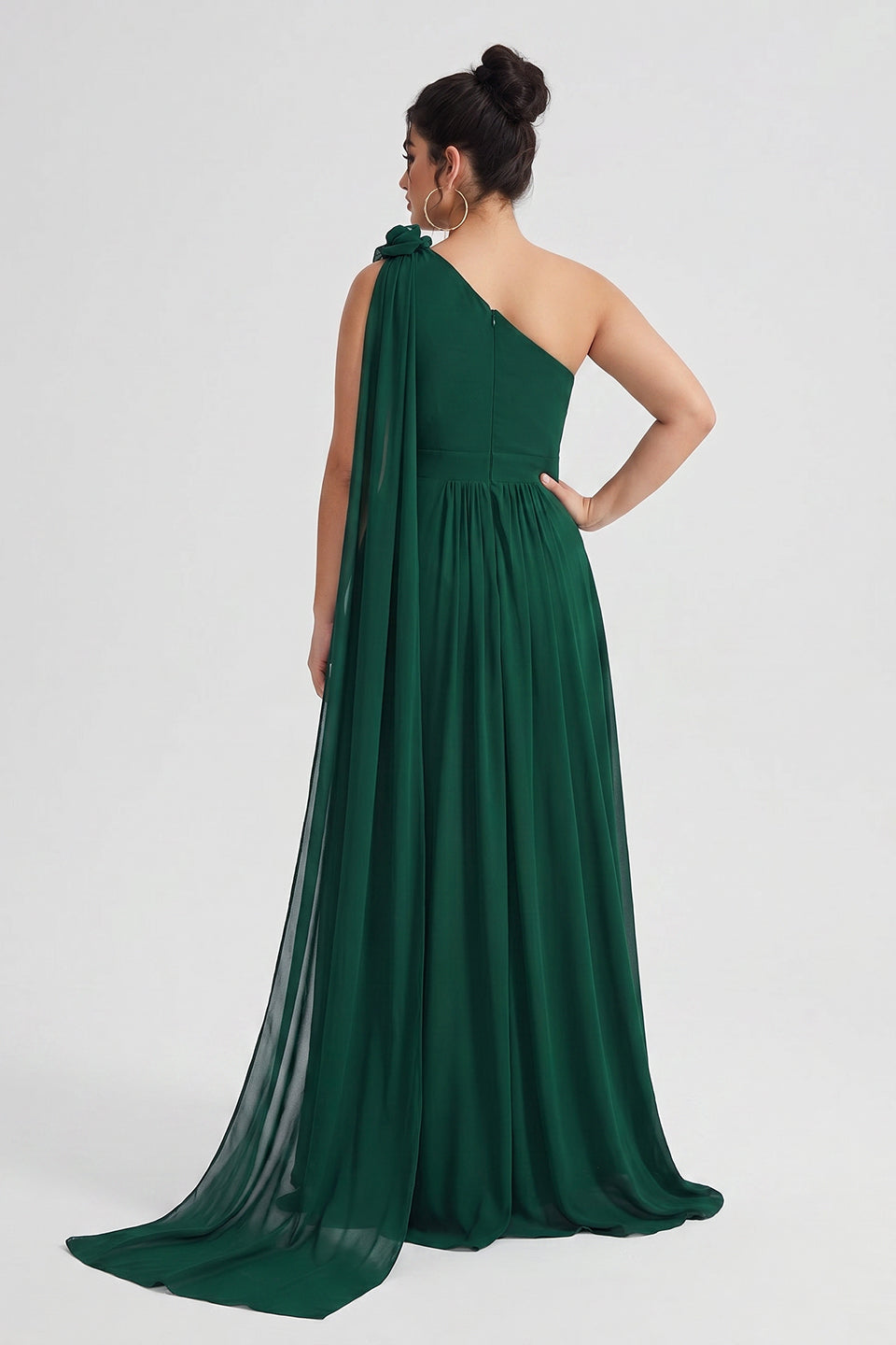 Curveins Plus Size One Shoulder Ruffle Strap Ruched Waist Flowy Elegant Maxi Dress