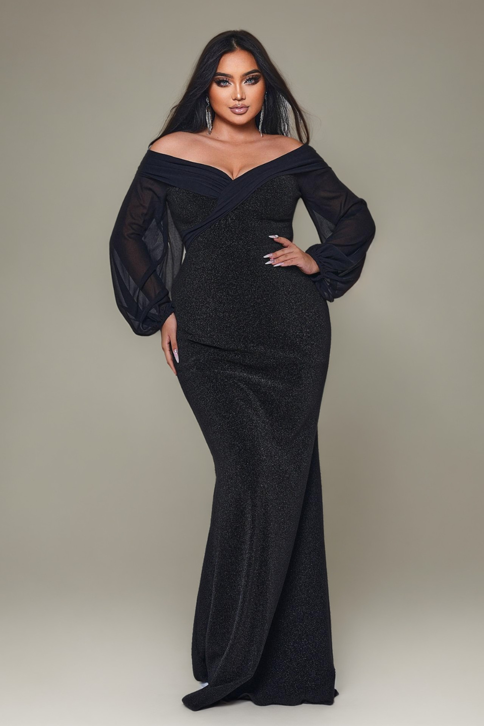 Curveins Plus Size Off Shoulder V Neck Bodycon Mermaid Maxi Dress