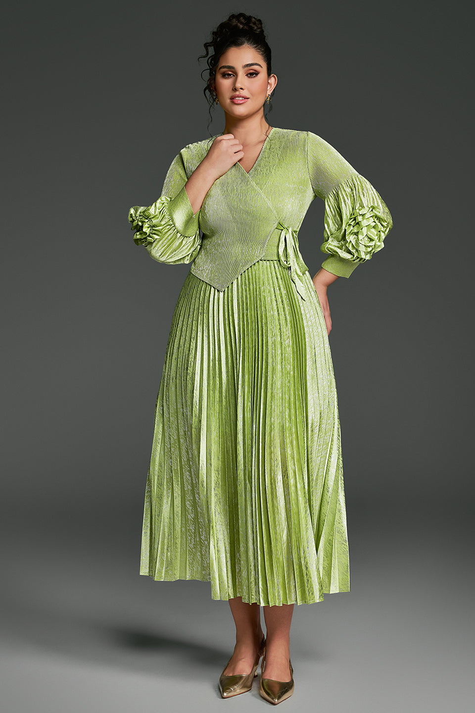 Curveins Plus Size V-Neck Long Sleeve Waist Tie Pleated Maxi Dress