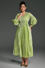 Curveins Plus Size V-Neck Long Sleeve Waist Tie Pleated Maxi Dress