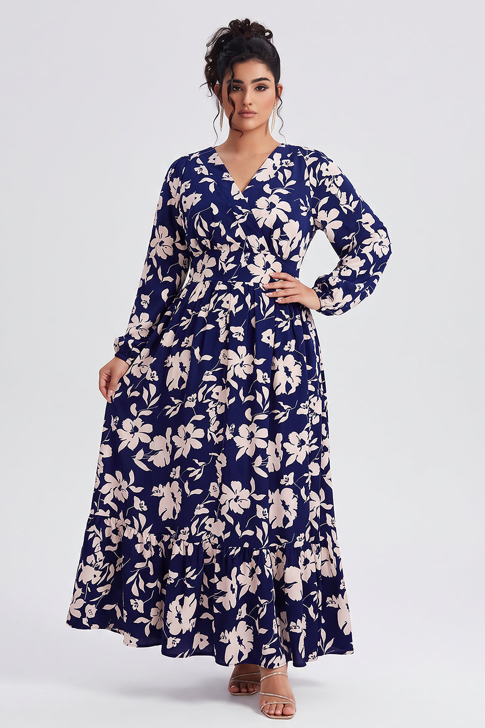Curveins Plus Size V Neck Long Sleeve Printed Waist Defined Elegant Casual Maxi Dress