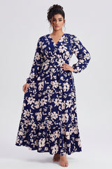 Curveins Plus Size V Neck Long Sleeve Printed Waist Defined Elegant Casual Maxi Dress