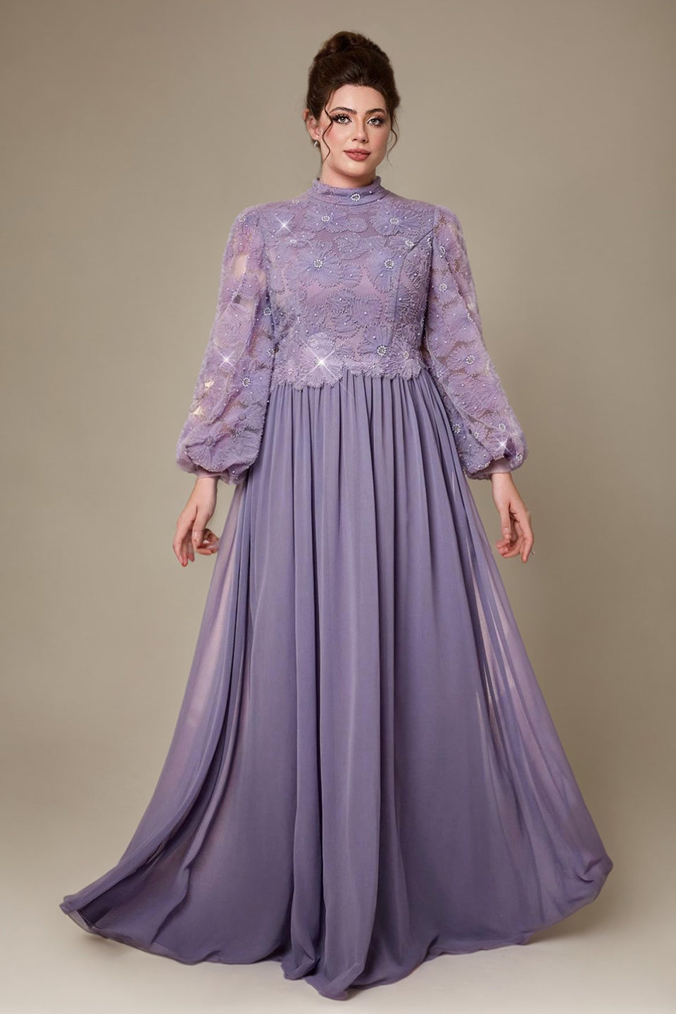 Curveins Plus Size High Neck Lantern Sleeve Embroidered Panel Maxi Dress