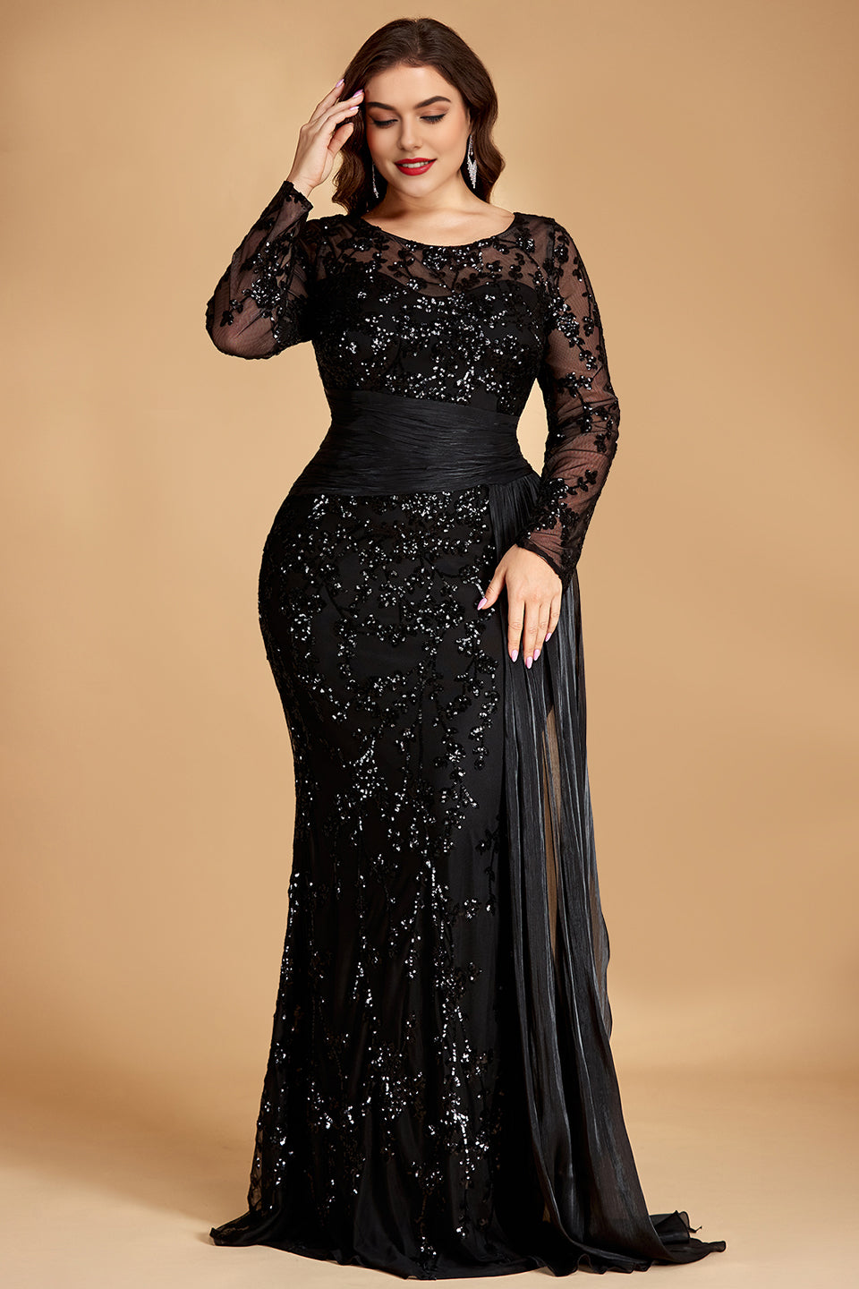 Curveins Plus Size Round Neck Embroidered Tie-Sash Bodycon Maxi Dress