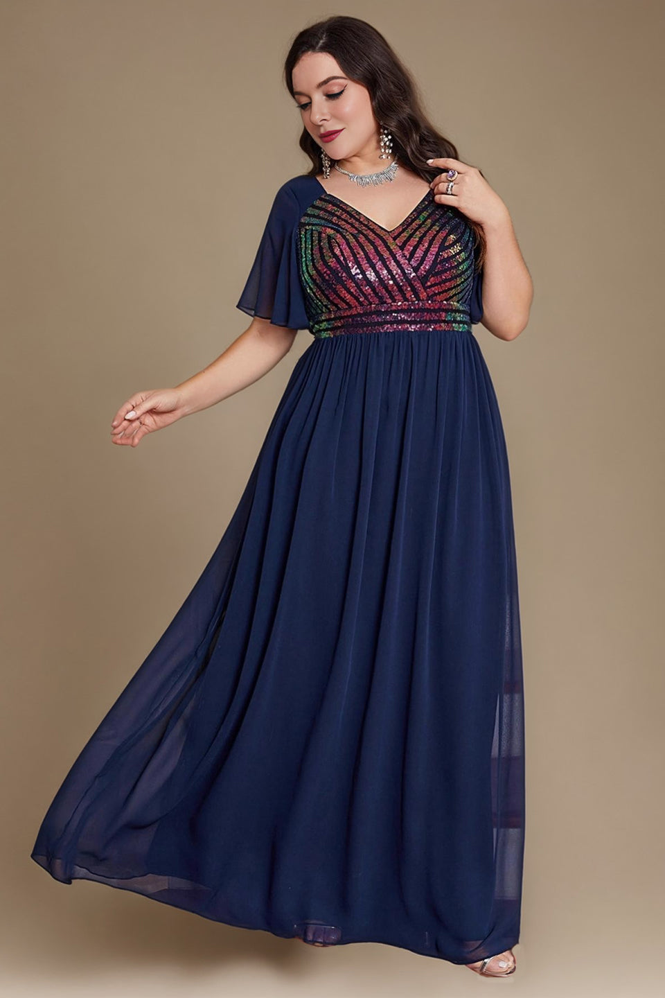 Curveins Plus Size V-Neck Batwing Sleeve Waist-Defined Sequin Patchwork Dress