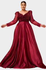 Curveins Plus Size V-Neck Long Sleeve Patterned Sequin Panel Maxi Dress