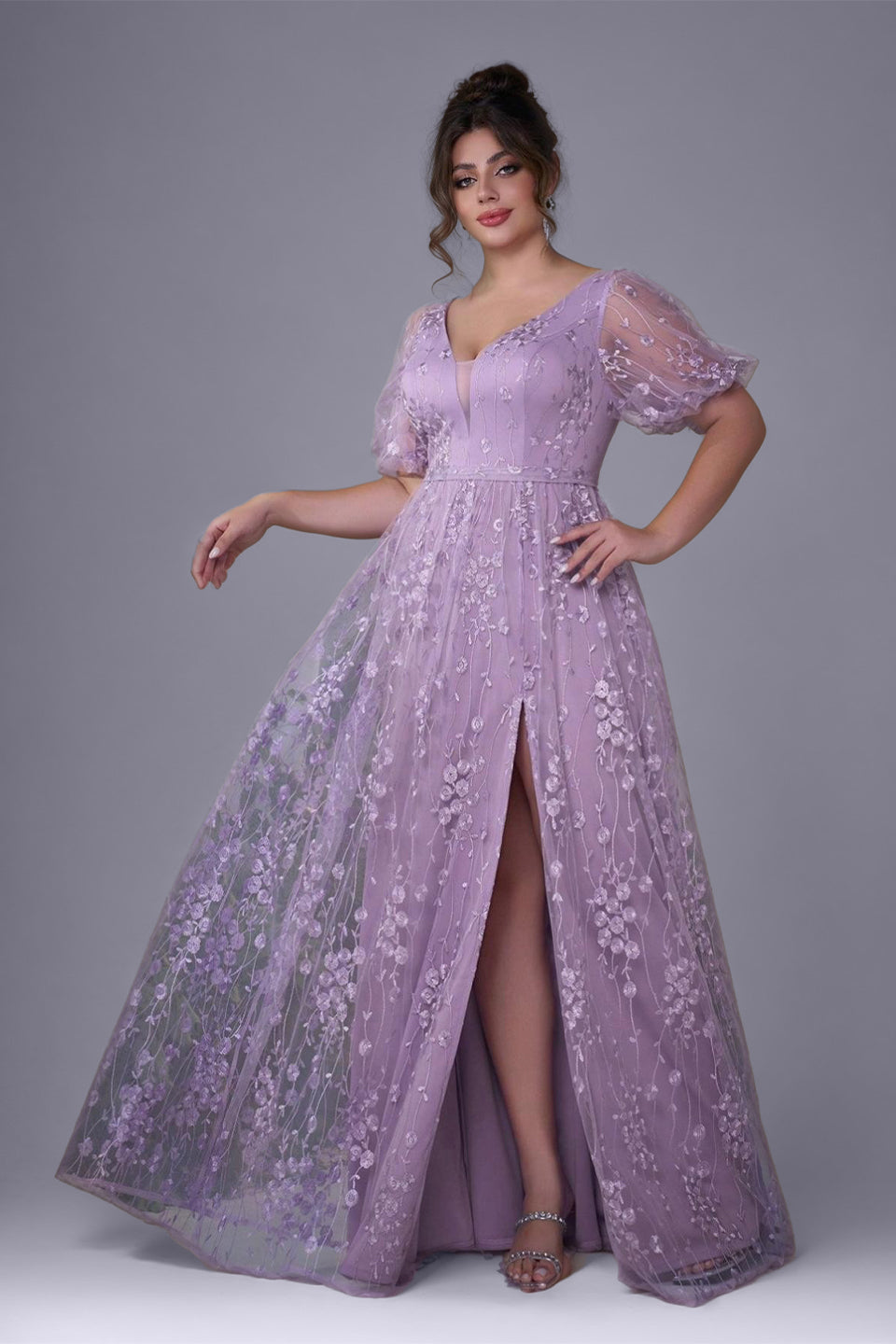 Curveins Plus Size Floral Embroidery V-Neck Puff Sleeve Side-Slit Maxi Dress