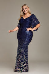 Curveins Plus Size V-Neck Batwing Sleeve Gradient Sequin Bodycon Maxi Dress