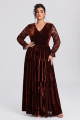 Curveins Plus Size Elegant V Neck Long Sleeve Ruched Waist Flowy Maxi Dress