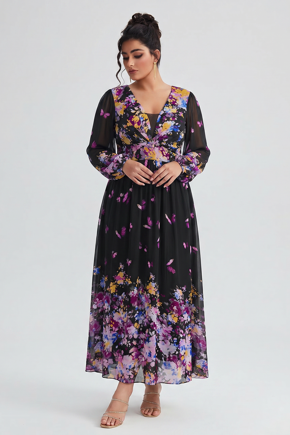 Curveins Plus Size V Neck Floral Long Sleeve Flowy Elegant Casual Maxi Dress