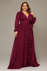 Curveins Plus Size V-Neck Chiffon Maxi Dress with Floral Lantern Sleeves