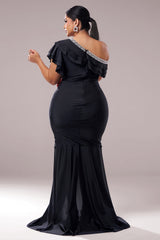 Curveins Plus Size Asymmetric Shoulder Slim-Fit Front Slit Long Dress