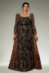 Curveins Plus Size Square Neck Long Sleeve Waist-Defined Sequin Pattern Dress