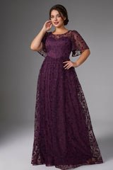 Curveins Plus Size Crew Neck Batwing Sleeve Floral Cinched Waist Elegant Maxi Dress