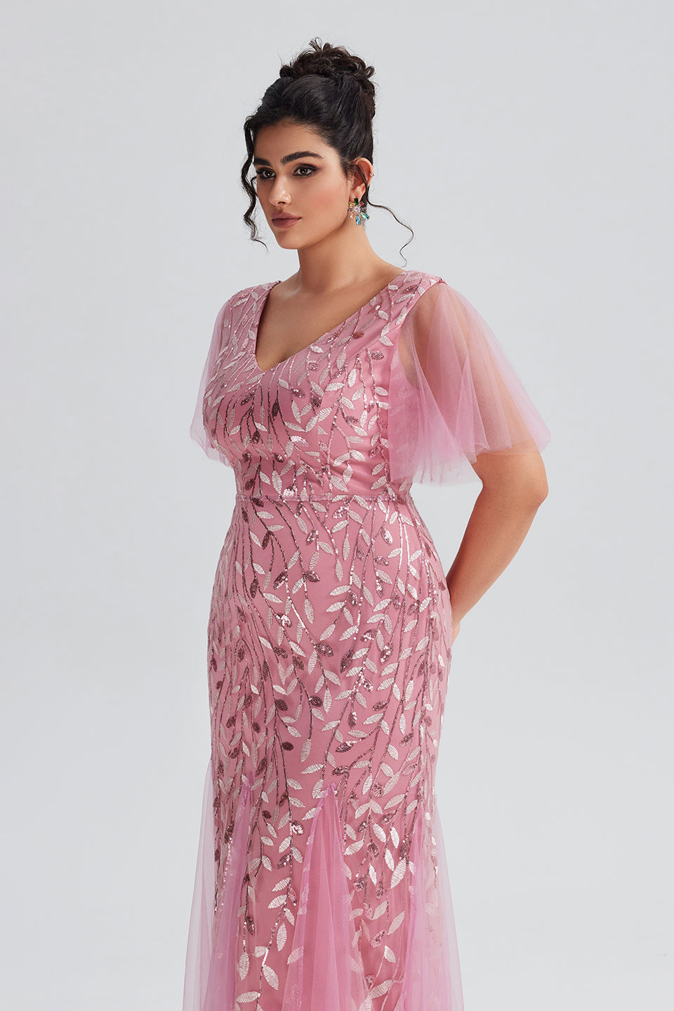 Curveins Plus Size Elegant Embroidered Flutter Sleeve Sequin Mermaid Dress