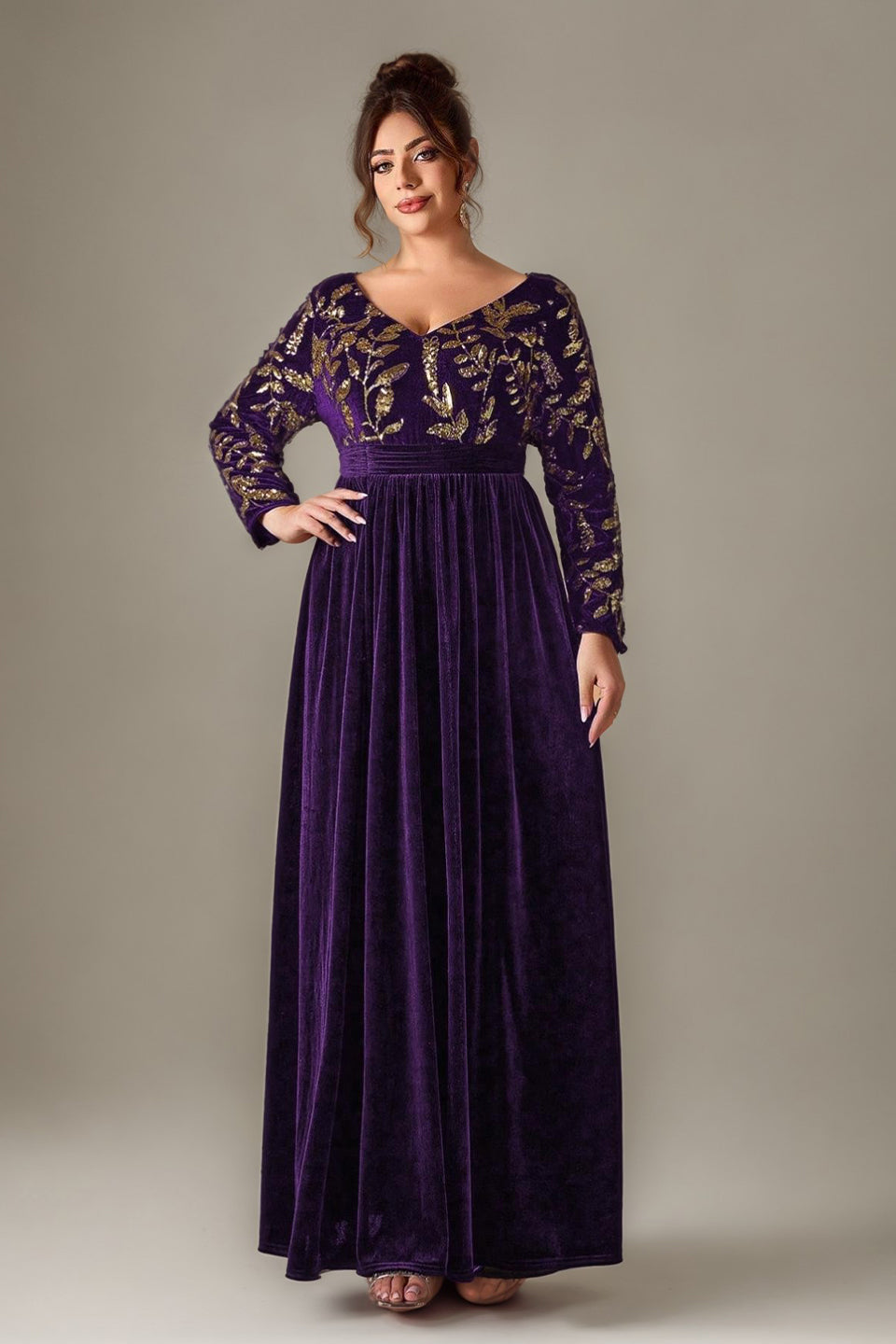 Curveins Plus Size V-Neck Long Sleeve Sequin Floral Embellished Velvet Evening Gown