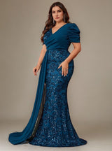 Curveins Plus Size V-Neck Sequin Patchwork Pattern Maxi Dress