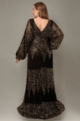 Curveins Chic Plus Size V-Neck Split Hem Sequin Lantern Sleeve Dress