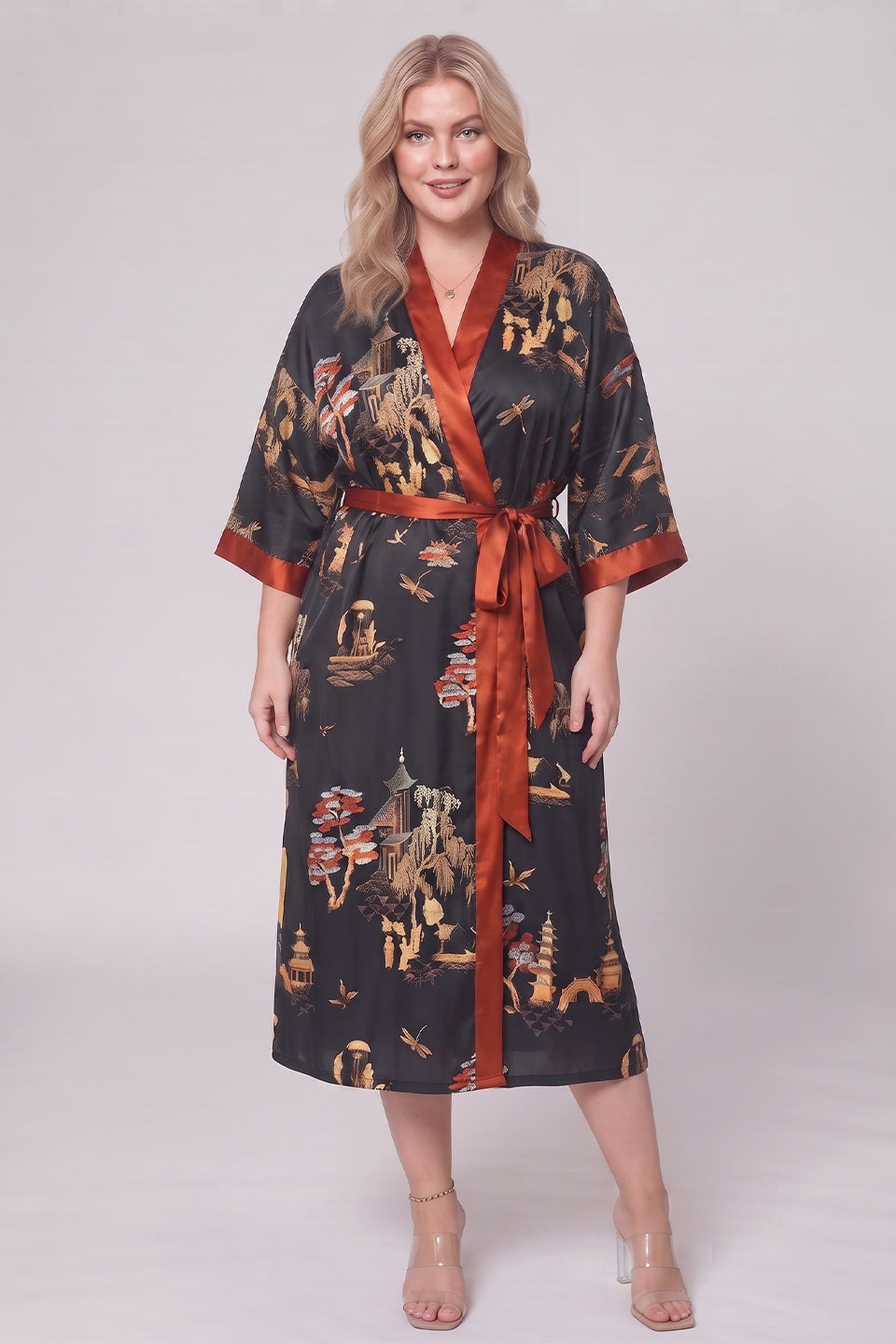 Curveins Plus Size Satin Ice Silk Cooling Lightweight Loose Fit Robe Nightwear