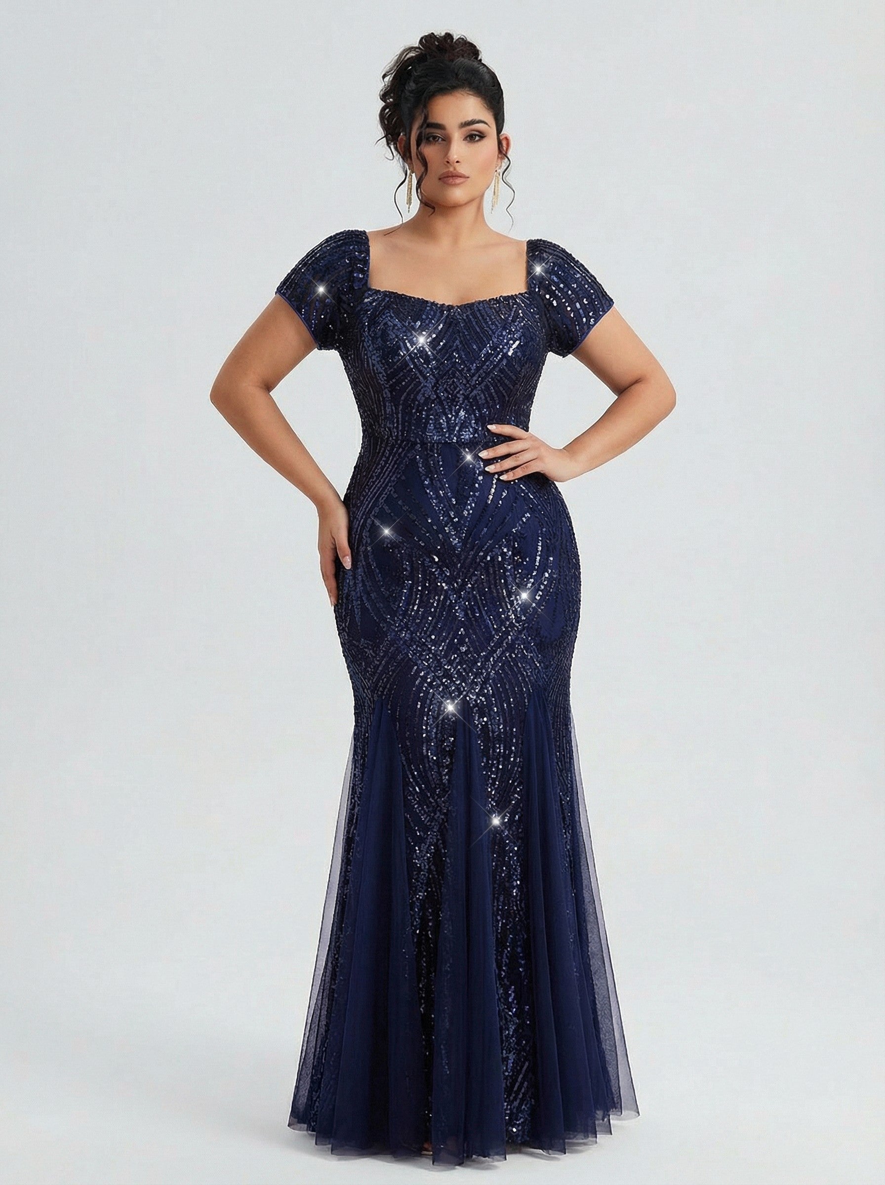 Curveins Plus Size Square Neck Short Sleeve Sequin Bodycon Maxi Dress