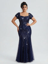 Curveins Plus Size Square Neck Short Sleeve Sequin Bodycon Maxi Dress