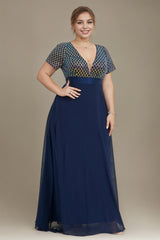 Curveins Plus Size Sequin V-Neck Short Sleeve Maxi Evening Gown