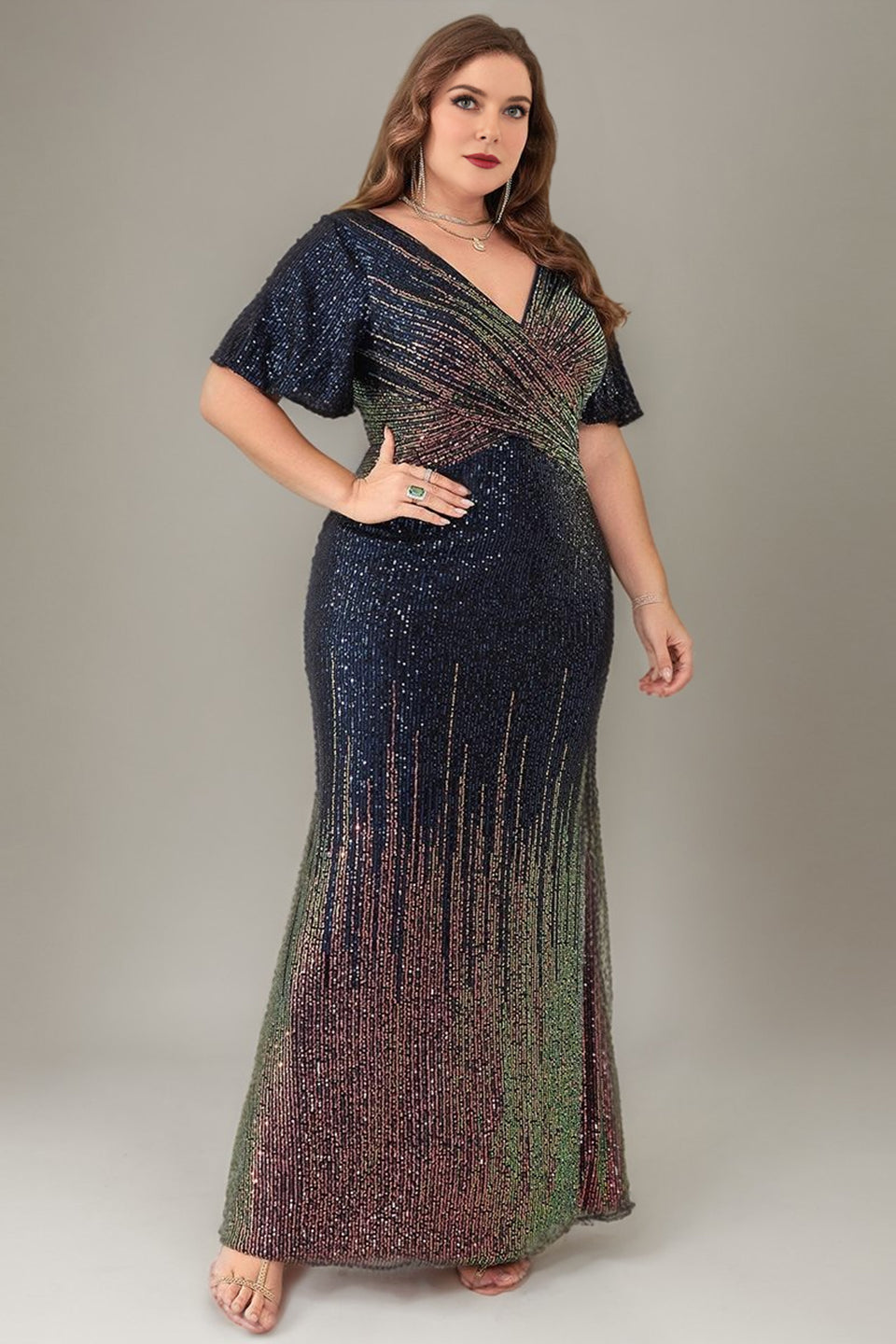 Curveins Plus Size Glam V-Neck Batwing Sleeve Curve-Flattering Sequin Dress