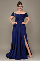 Curveins Plus Size Off Shoulder Wrinkle Detail Split Hem Flared Maxi Dress
