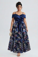 Curveins Plus Size Spaghetti Strap Off-Shoulder Printed Maxi Dress with Patchwork Detail