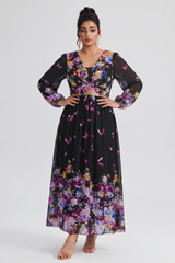 Curveins Plus Size V Neck Floral Long Sleeve Flowy Elegant Casual Maxi Dress