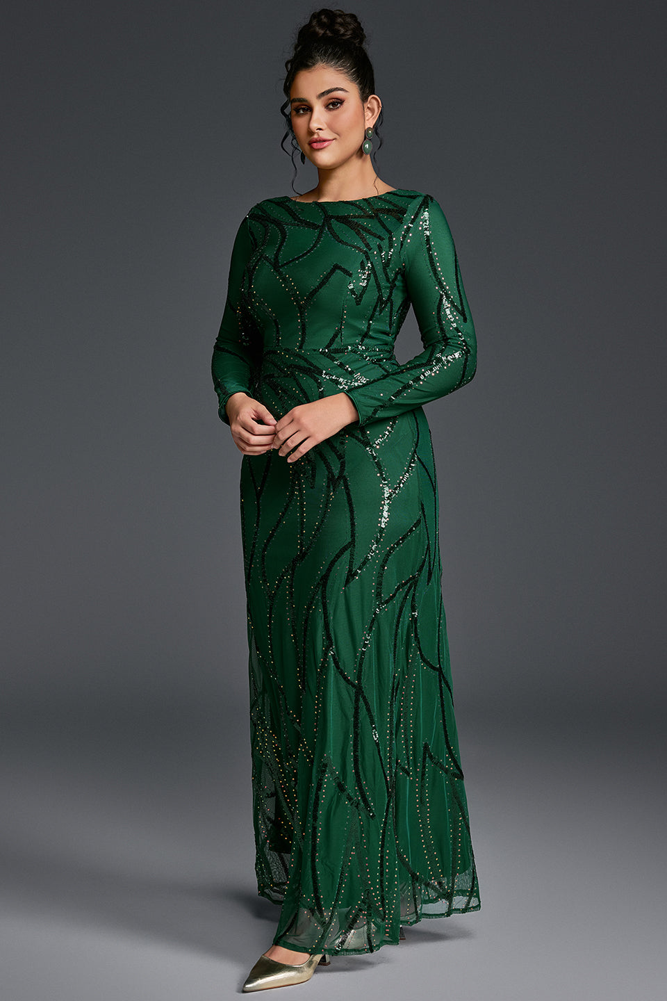 Curveins Plus Size Round Neck Long Sleeve Textured Sequin Bodycon Maxi Dress