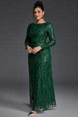 Curveins Plus Size Round Neck Long Sleeve Textured Sequin Bodycon Maxi Dress