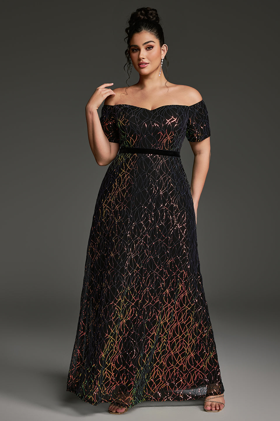 Curveins Plus Size Off-Shoulder Waist Cinched Striped Sequin Maxi Evening Dress