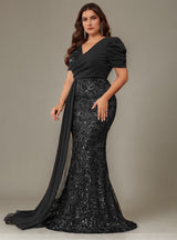 Curveins Plus Size V-Neck Sequin Patchwork Pattern Maxi Dress