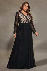 Curveins Plus Size Elegant V-Neck Long Sleeve Dress with Textured Floral Details