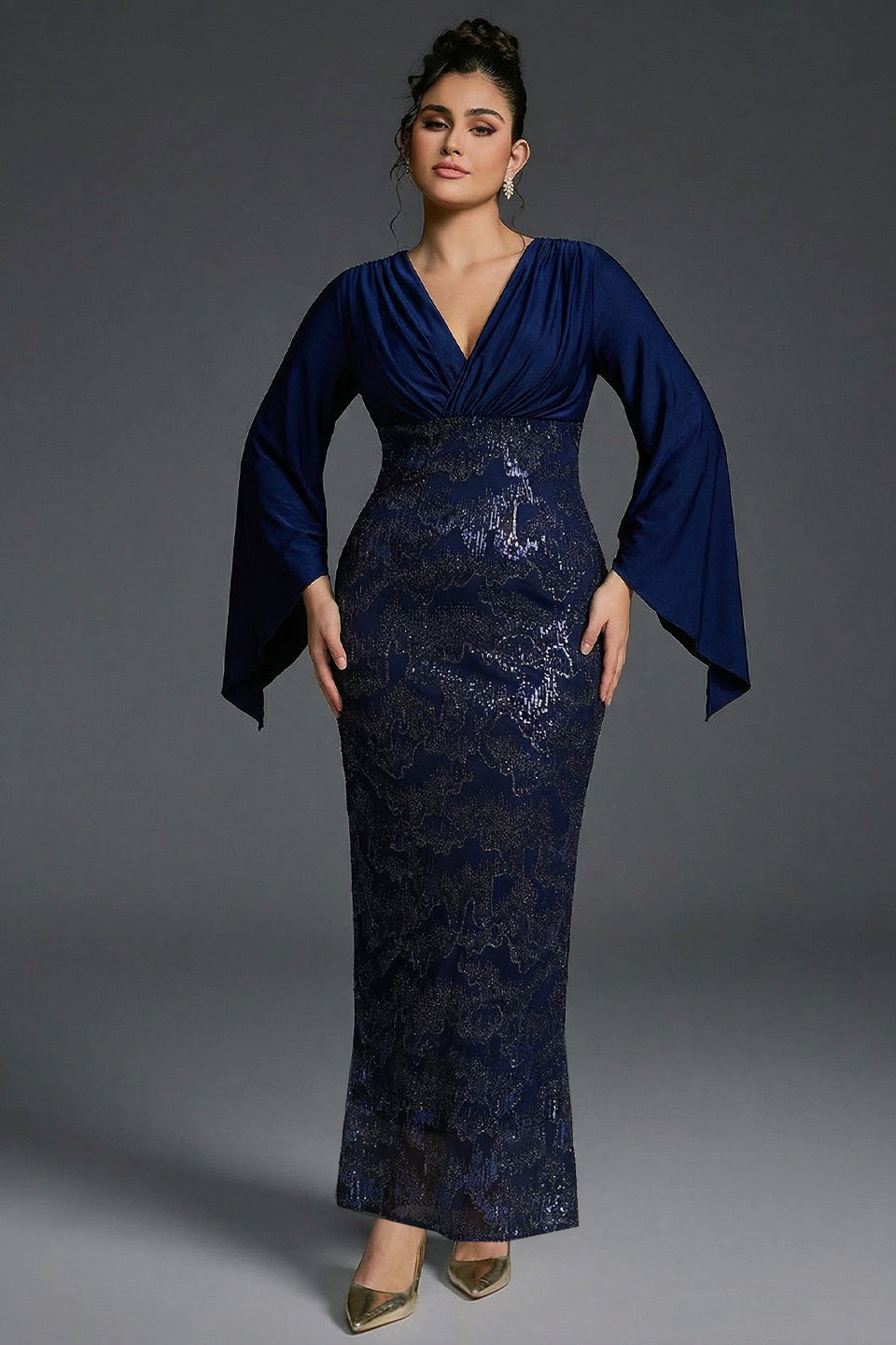 Curveins Plus Size V-Neck Open Sleeve Sequin Panel Bodycon Maxi Dress