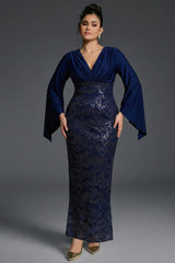 Curveins Plus Size V-Neck Open Sleeve Sequin Panel Bodycon Maxi Dress