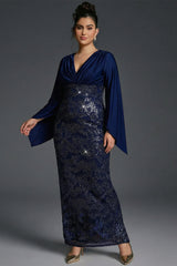 Curveins Plus Size V-Neck Open Sleeve Sequin Panel Bodycon Maxi Dress