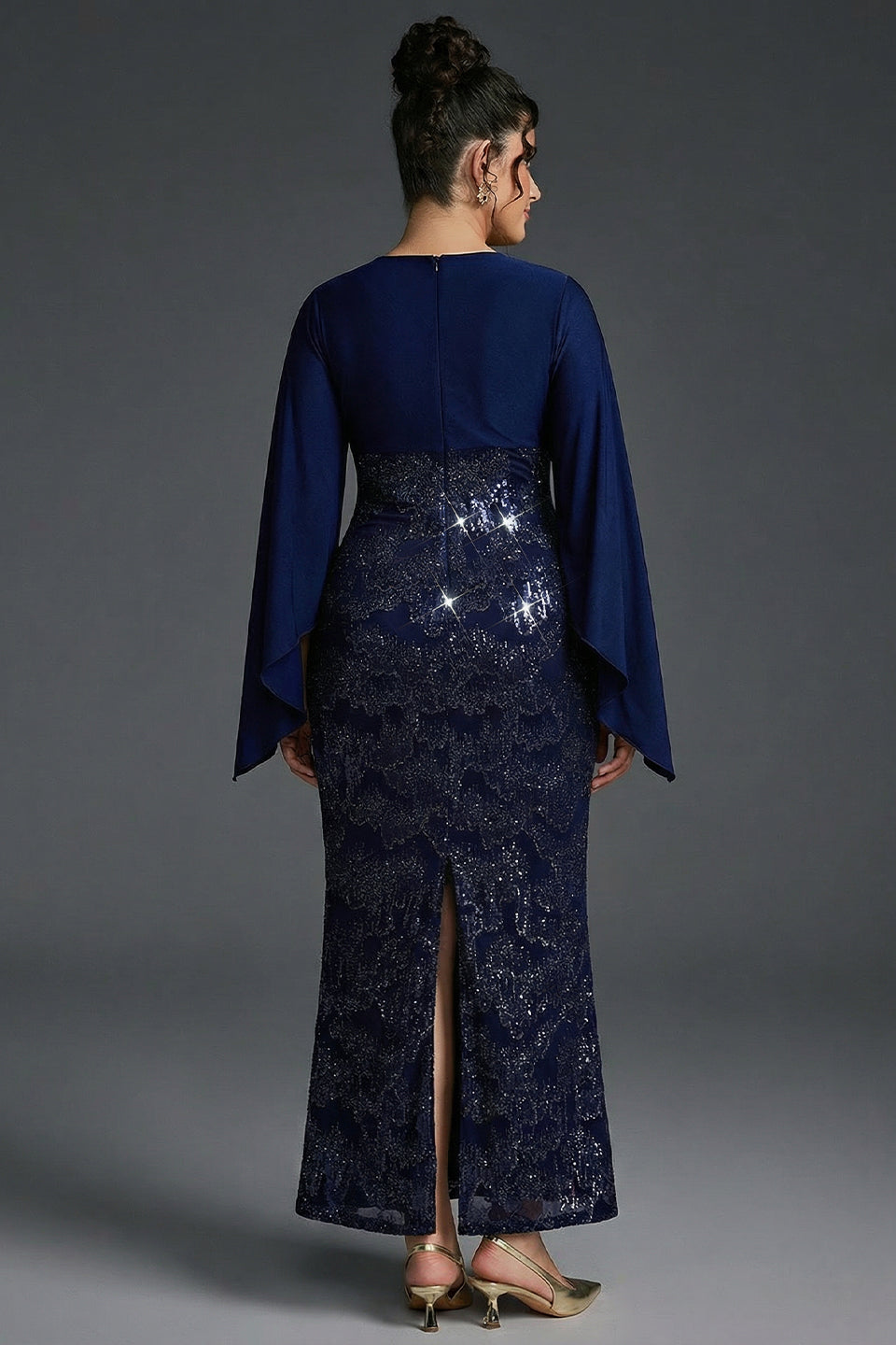 Curveins Plus Size V-Neck Open Sleeve Sequin Panel Bodycon Maxi Dress