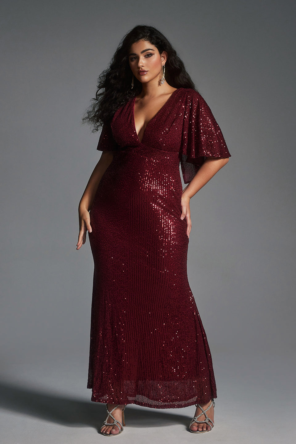 Curveins Plus Size Batwing Sleeve Sequin Sexy Bodycon Maxi Dress