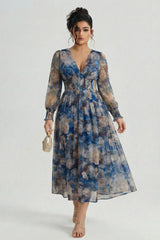 Curveins Plus Size V Neck Long Sleeve Floral Waist Maxi Dress