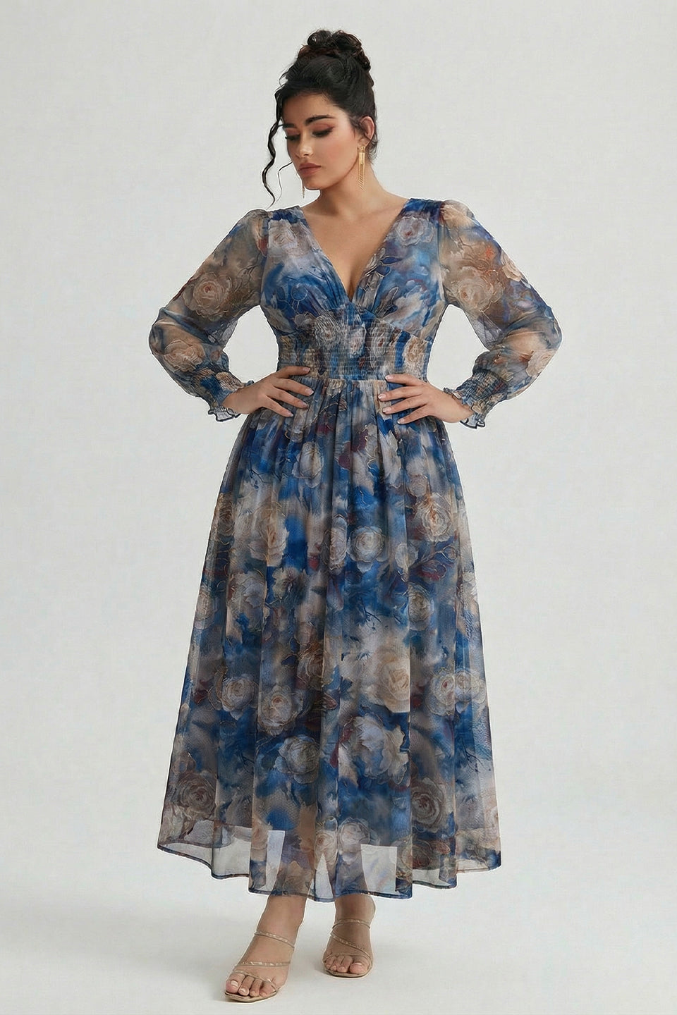 Curveins Plus Size V Neck Long Sleeve Floral Waist Maxi Dress