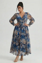 Curveins Plus Size V Neck Long Sleeve Floral Waist Maxi Dress